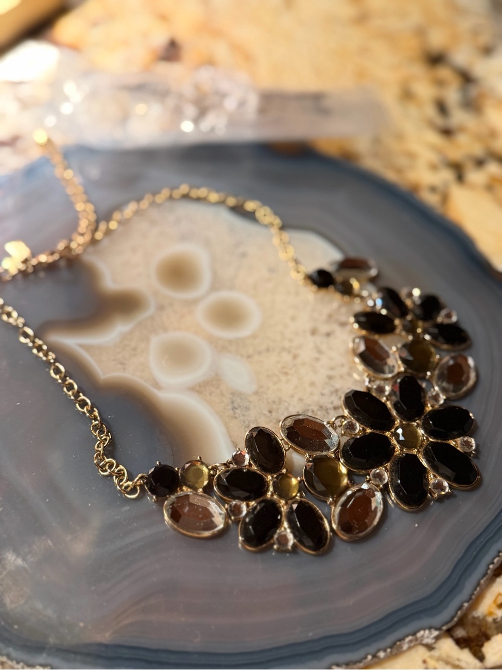 Kate Spade NWOT Gold Chain Necklace with Black and Clear Floral Clusters - Picture 2 of 5